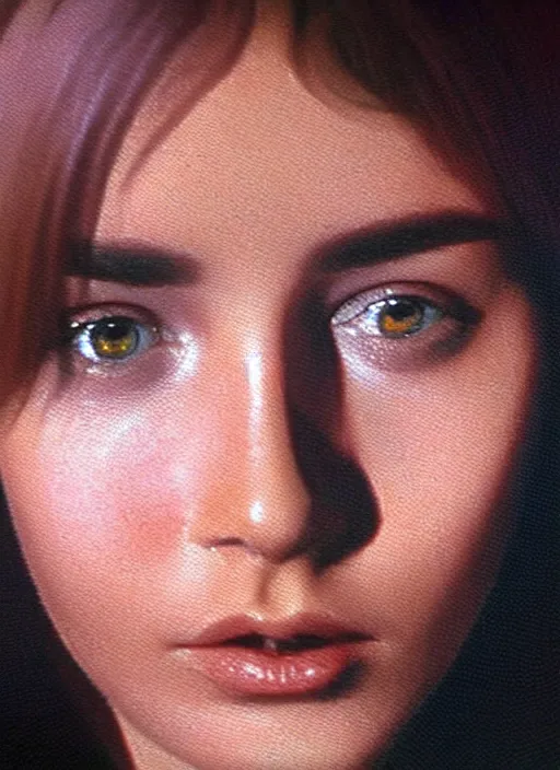 Image similar to pixel art from the film still from a 1971 award-winning Italian film of a young Mexican woman with brunette looking at the camera while in a swirling alternate reality. close-up of face with smokey eyeshadow. soft detailed painting at 16K resolution and amazingly epic visuals. epically beautiful image. amazing effect, image looks gorgeously crisp as far as it's visual fidelity goes, absolutely outstanding. vivid clarity. ultra detail. iridescent. mind-breaking. mega-beautiful pencil shadowing. beautiful face. Ultra High Definition. soft shading. soft texture. intensely beautiful.