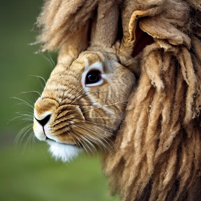 Prompt: a cross between a rabbit and a lion, rabbit - lion, rabbit with a lion's mane, glorious, high quality, 4 k, 8 k, photography, cute photograph, f / 1 6, 3 5 mm, award - winning photography, soft lighting