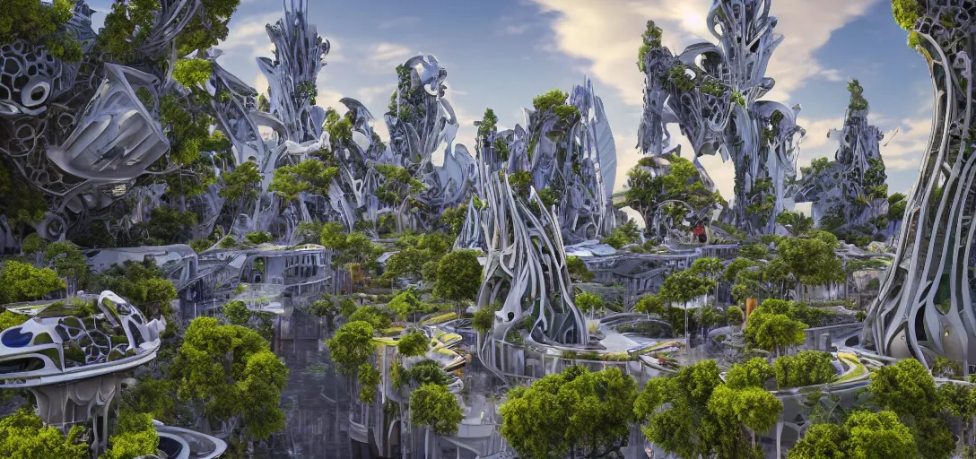 Prompt: highly detailed futuristic architecture by Antoni Gaudí, floating buildings, reflective lighting, empty streetscapes, surrounded by lush alien vegetation, ground-level view, puddles of water, stunning sunny lighting, sunrise, vivid colors, in the style of pixar animation, trending on Artstation, 8k, photorealistic, ray tracing, hyper detailed, unreal engine 5, cinematic, epic lighting, cryengine, octane render, cyberpunk, red and orange glow, vibrant