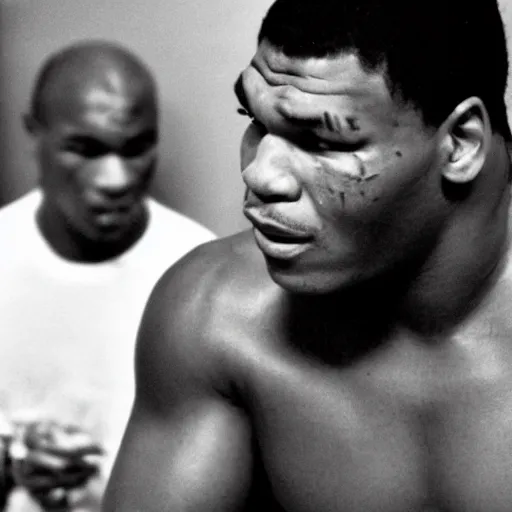 Image similar to 21 year old mike tyson staring at the camera with anger in his eyes.
