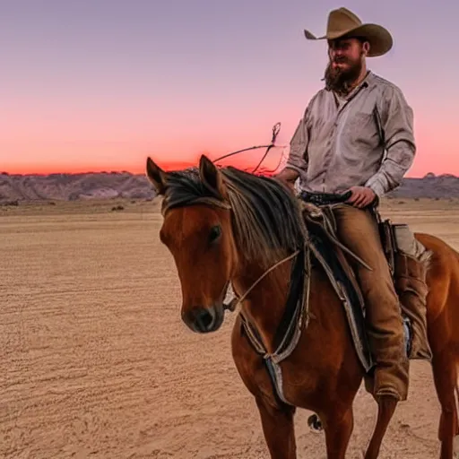 Prompt: m0istcritikal, but he's a cowboy, riding a horse through the desert, sunset, road, western, town