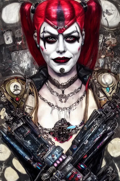 Image similar to portrait of beautiful gothic Harley Quinn, cyberpunk, Warhammer, highly detailed, artstation, illustration, art by Gustav Klimt