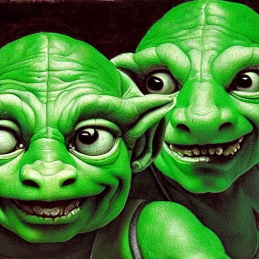 Prompt: close up portrait of two small green goblins extremely excited to show you something behind them, oil painting, high detail, dark lighting, atmospheric, extremely detailed, intricate, da vinci, michelangelo, caravaggio, hans holbein, raphael, donatello, 8 k