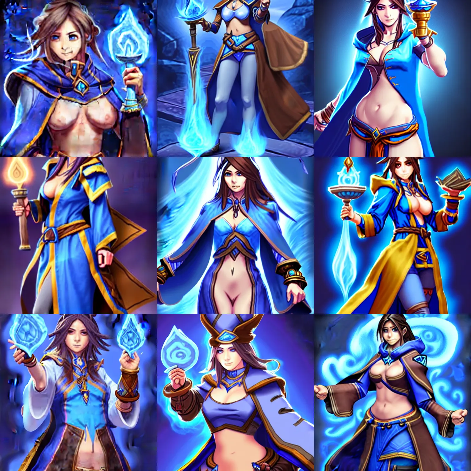 Prompt: a female blue mage with brown hair and blue robe, Hearthstone official splash art, smallest waist, widest hips, full body, small head, SFW, SFW