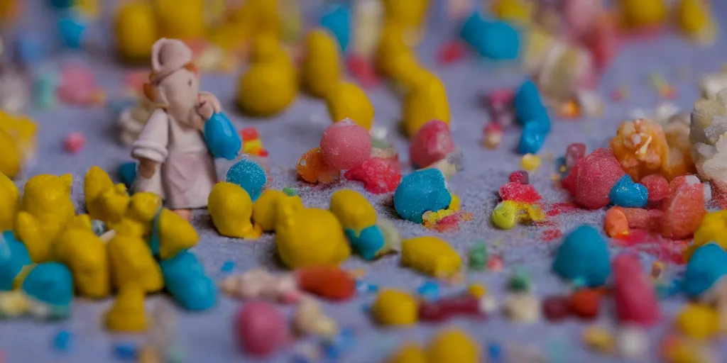 Image similar to a cinematic film still of a claymation stop motion film about a town made of lemons and candy, shallow depth of field, 8 0 mm, f 1. 8