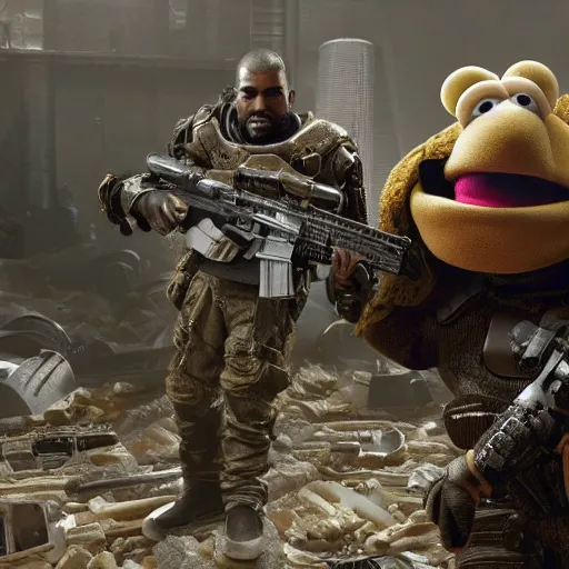 Image similar to kanye west muppet muppet muppet in gears of war, splash art, movie still, detailed face, photorealistic facial features, cinematic lighting, dramatic, octane render, long lens, shallow depth of field, bokeh, anamorphic lens flare, 8 k, hyper detailed, 3 5 mm film grain