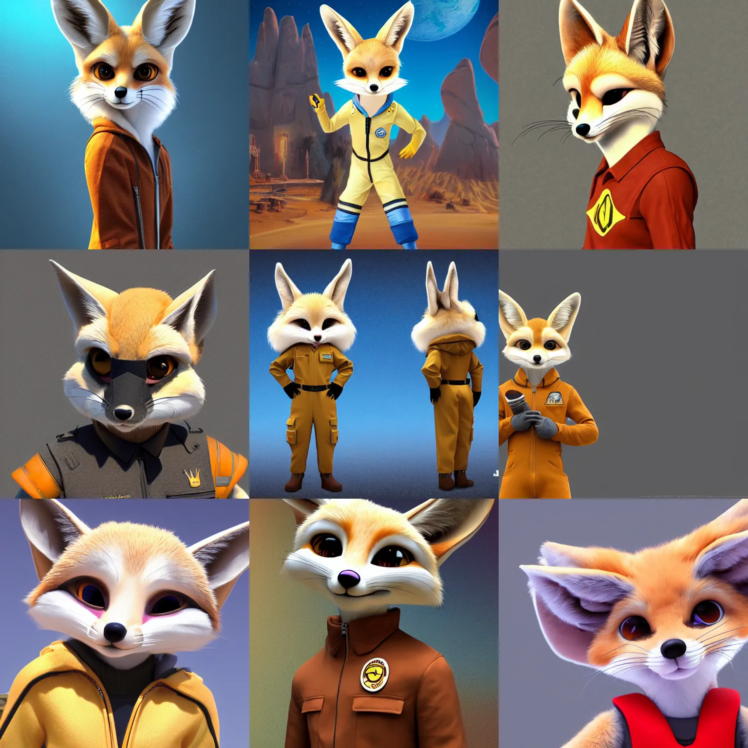 Prompt: high quality character portrait of a fennec fox character wearing high tech jumpsuit, disney style, zootopia, highly detailed render, fur