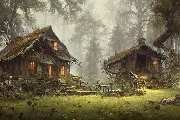 Prompt: a ramshackle hut in the woods, intricate, elegant, fantasy, highly detailed, digital painting, concept art, sharp focus, illustration, artstation, art by artgerm and greg rutkowski