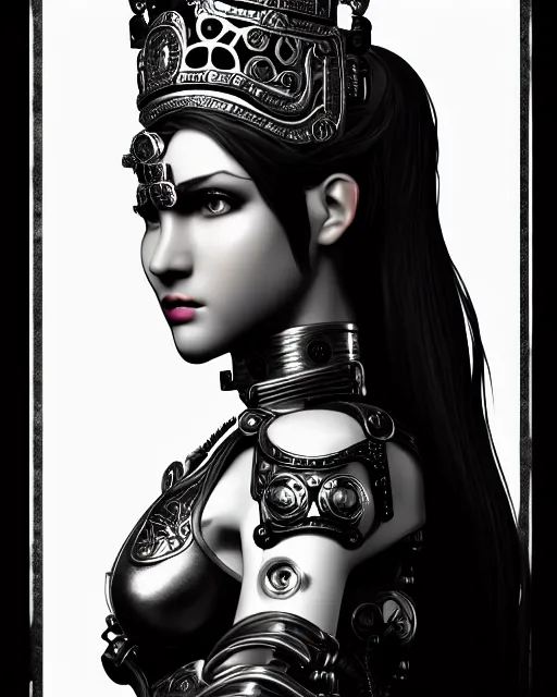 Prompt: black and white side portrait ultra detailed, beautiful female android with steampunk mechanical detailed ornate face, crown, deity, sharp focus, highly detailed global illumination, concept art. 8 k