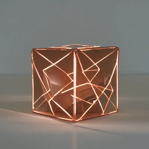 Image similar to a transparent cube containing copper rings and a grid of lights