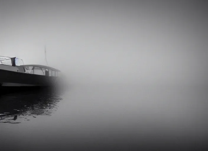 Image similar to boat, mist, lomography photo effect, monochrome, noise grain film
