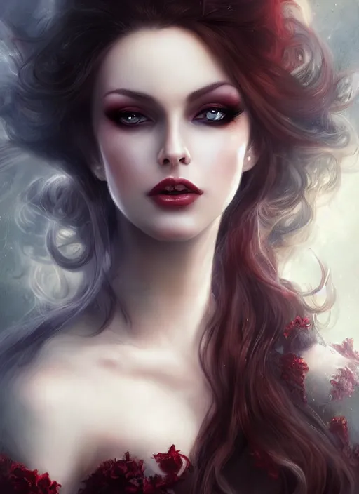 Image similar to a beautiful woman vampire queen, 8 k, sensual, hyperrealistic, hyperdetailed, beautiful face, long hair windy, dark fantasy, fantasy portrait by laura sava