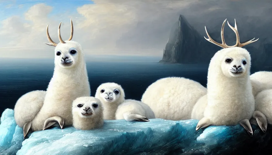 Prompt: highly detailed painting of cute furry white baby seal alpacas with big furry antlers cuddling into each other on a blue and white iceberg by william turner, by greg rutkowski, by william constable, thick brush strokes and visible paint layers, 4 k resolution