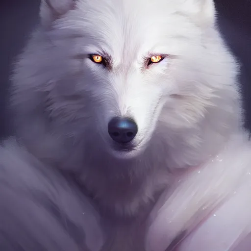 Image similar to a white wolf, huggy wuggy from poppy playtime video game, fullbody, ultra high detailed, glowing lights, oil painting, greg rutkowski, charlie bowater, beeple, unreal 5, daz, hyperrealistic, octane render, rpg portrait, dynamic lighting, fantasy art, beautiful face
