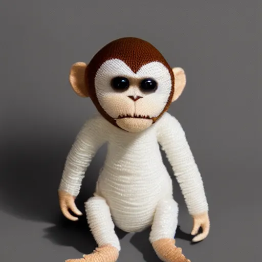 Prompt: a stuffed monkey is sitting on a white surface, a character portrait by toss woollaston, cg society contest winner, rococo, made of beads and yarn, adafruit, made of rubber