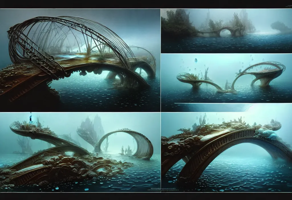 Image similar to study material with side perspective, transparent water River flow, realistic water foam,agua droplets, underwater, bridge made of water ,physically based rendering, defined features by ellen jewett, tomasz alen kopera and Justin Gerard