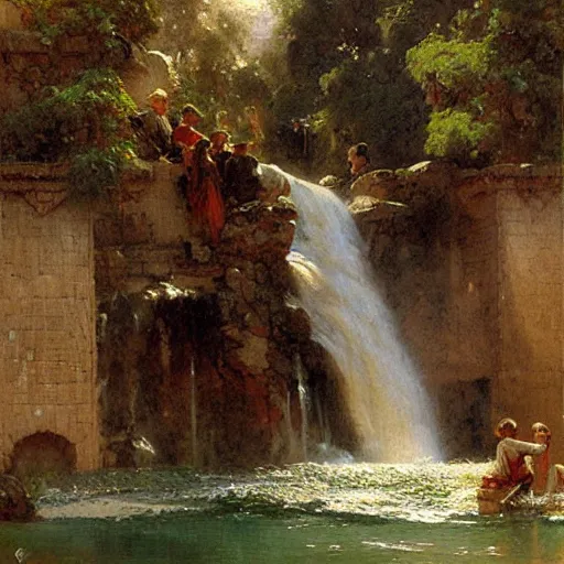 Image similar to waterfall flooding an entire village. victorian age. highly detailed painting by gaston bussiere, craig mullins, j. c. leyendecker