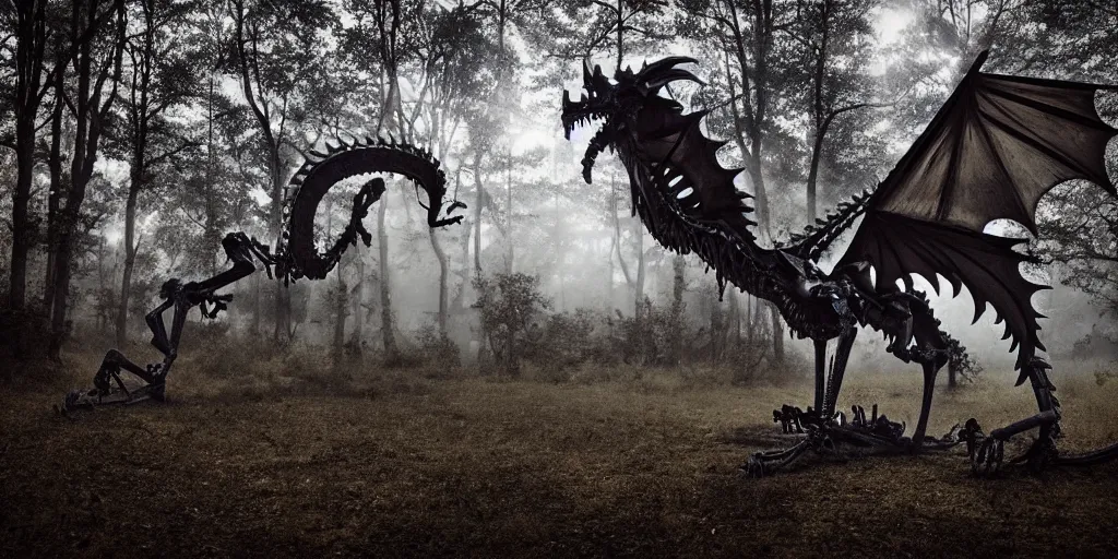 Image similar to mysterious dragon skeleton at night, in the forest