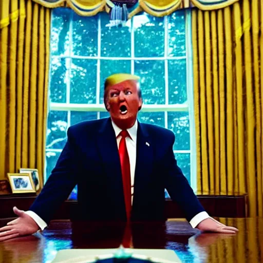 Prompt: cinematic screenshot of president trump shoves wads of classified documents into his mouth, eating paper like it's lunch, in the oval office, moody scene from thriller film 1 9 8 0 s directed by stanley kubrick, detailed portrait, moody backlit cinematography, anamorphic 2 4 mm lens, kodak color film stock