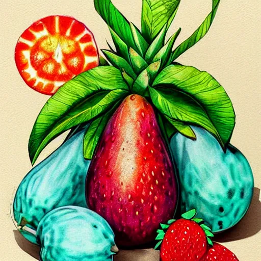 Prompt: Fantasy style fruits, fantastic colors, concept art design drawings