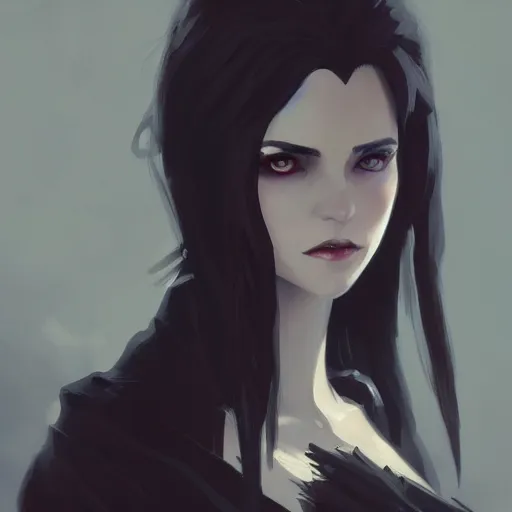 Image similar to female human vampire witch in the style of greg rutkowski, makoto shinkai, trending on artstation, character design, concept art, pretty face, highly detailed, long black hair, portrait, digital art