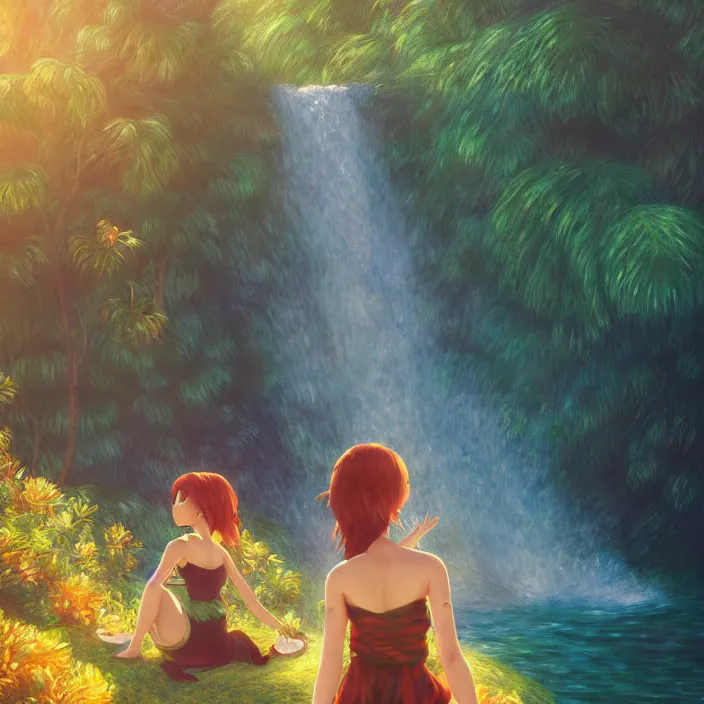 Prompt: an epic makoto shinkai and renoir landscape with a hawaiian waterfall, golden hour, 🌺, a beautiful woman with long chestnut hair, ultra smooth, octane render, lois van baarle, ilya kuvshinov