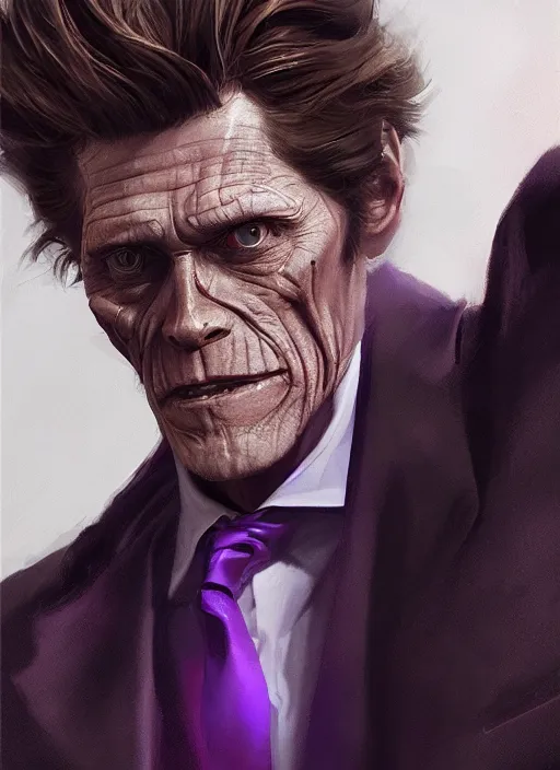 Image similar to willem dafoe wearing a dark purple suit, elegant, digital painting, concept art, smooth, sharp focus, illustration, by ruan jia and mandy jurgens and artgerm and william - adolphe bouguerea