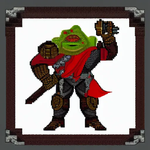 Image similar to Orc male readies his rifle, staring down the telescopic sights. His red and gold cape fluffers in the wind, and his renaissance era armor glistens in the sunshine, pixel art 128x128 MS-DOS Heroes of Might and Magic