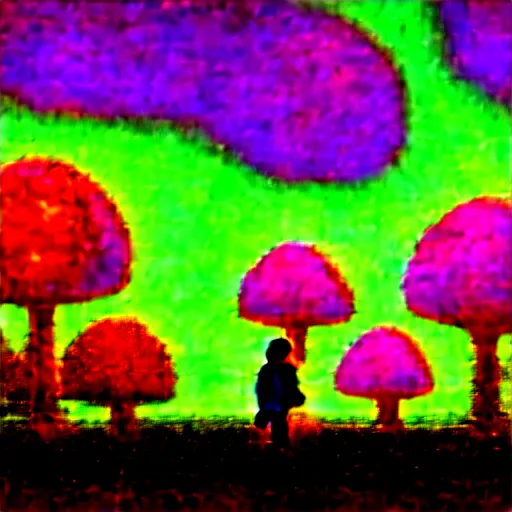 Image similar to Little girl wandering among many giant glowing mushrooms, Neon colors, psychedelic art, trippy, 4k, HQ, Trending on Artstation