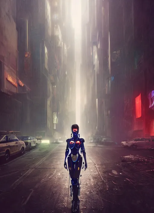 Image similar to Ultra realistic cyberpunk,sci-fi, fantasy,Kodak Portra 400, 8K, soft light, volumetric lighting, highly detailed photo of a beautiful cyborg robot woman in a street of a post apocalyptic new york + face,night, fog , intricate, elegant, highly detailed, digital painting, artstation, concept art, smooth, sharp focus, illustration,art by artgerm and greg rutkowski and alphonse mucha , sigma art 85mm F1.8