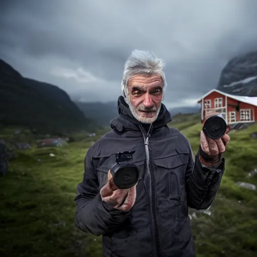 Image similar to Jonas Gahr Støre powering Norwegian village by shooting lightning out of his hands, glowing eyes