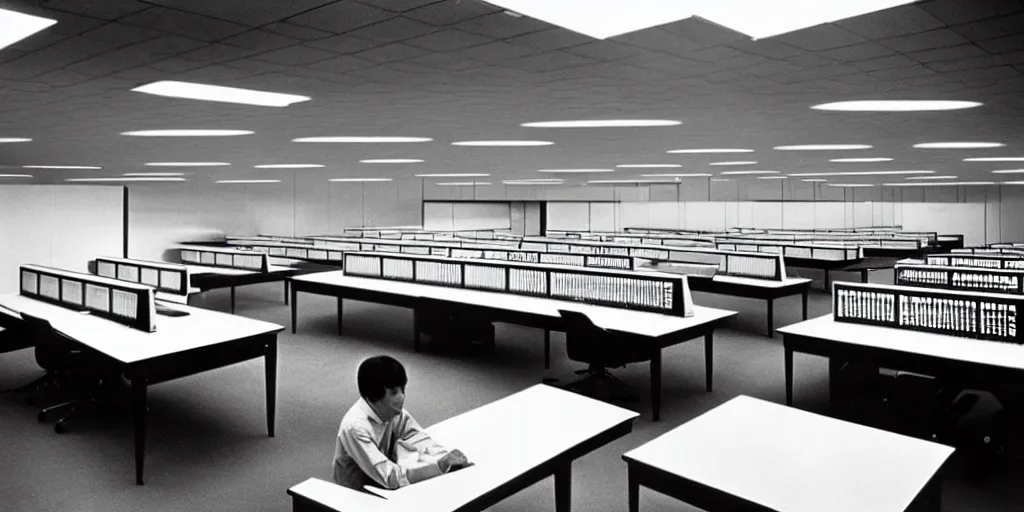 Image similar to a large 1970's computing room with 9-track machines and glowing screens. by IBM by Amdahl.