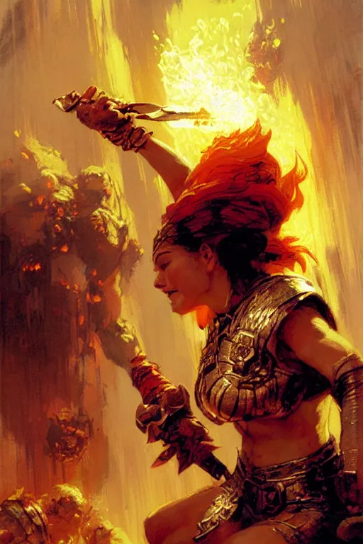 Image similar to queen of the dwarves, on fire, punching another dwarf portrait dnd, painting by gaston bussiere, craig mullins, greg rutkowski, yoji shinkawa