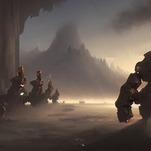 Image similar to a digital painting of crusader robots, matte painting, hyper realistic, very detailed, dramatic scene, realistic lighting, dark fantasy, 4 k, in the style of greg rutkowski,