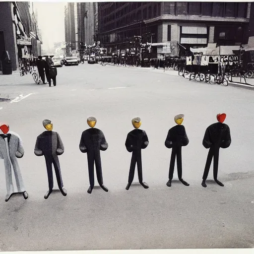 Prompt: wide-shot low-angle photo of empty!!! animated clothes (((heads))) at the street in New York, polaroid photo, by Andy Warhol, signed