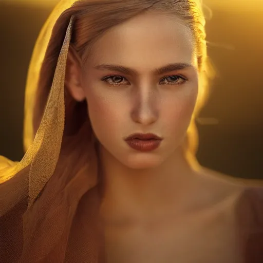 Prompt: closeup portrait of a stunningly beautiful female, silk veil at sunset, fashion photoshoot, by edward robert hughes, annie leibovitz and steve mccurry, david lazar, jimmy nelsson, breathtaking, 8 k resolution, extremely detailed, beautiful, establishing shot, artistic, hyperrealistic, beautiful face, octane render
