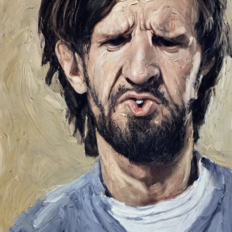 Image similar to warmly lit close up studio portrait of young furiously angry!! Ringo Starr in 1965 angrily singing, impasto oil painting thick brushstrokes by Lucian Freud and Cy Twombly and Tim Hawkinson , trending on artstation dramatic lighting Expressionism