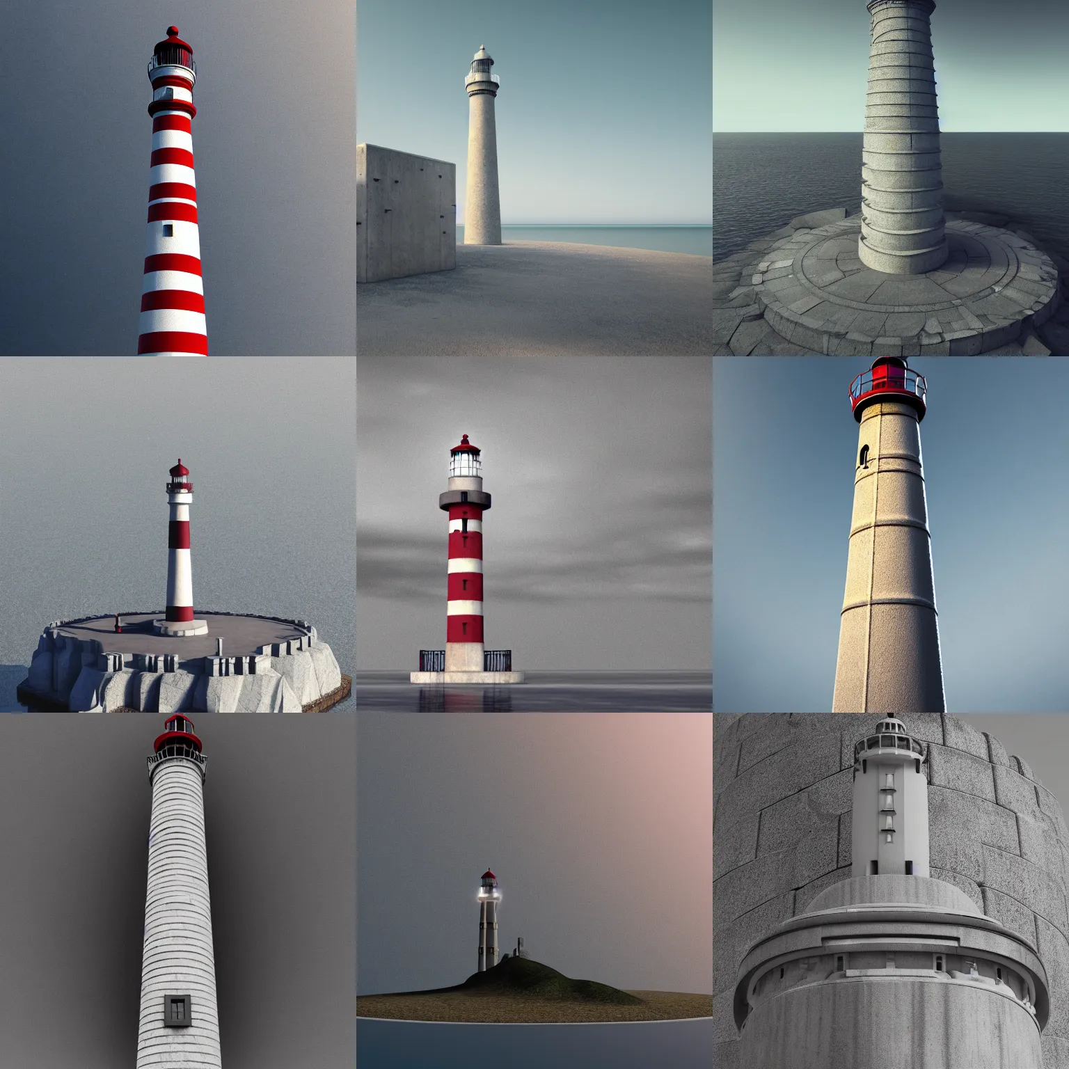 Prompt: art deco lighthouse made of stone and concrete in brutalism style, full shot, full height, ultra HD 8K octane render