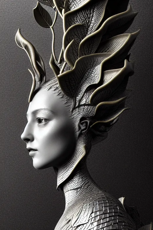 Prompt: bw close - up profile face, black background, beautiful young porcelain vegetal - dragon - cyborg - female, 1 5 0 mm, beautiful natural soft rim light, silver gold details, magnolia leaves and stems, roots, mandelbot fractal, elegant, ultra detailed, white metallic armour, octane render, dora maar