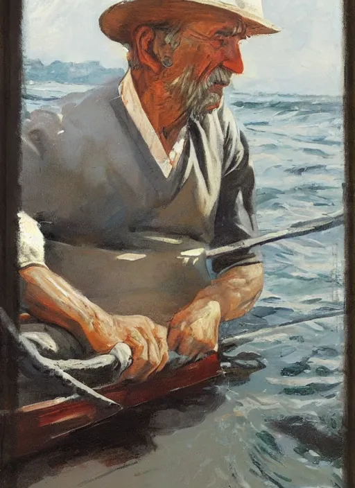 Prompt: a highly detailed old sailor portraitin a boat, by gregory manchess, james gurney, james jean