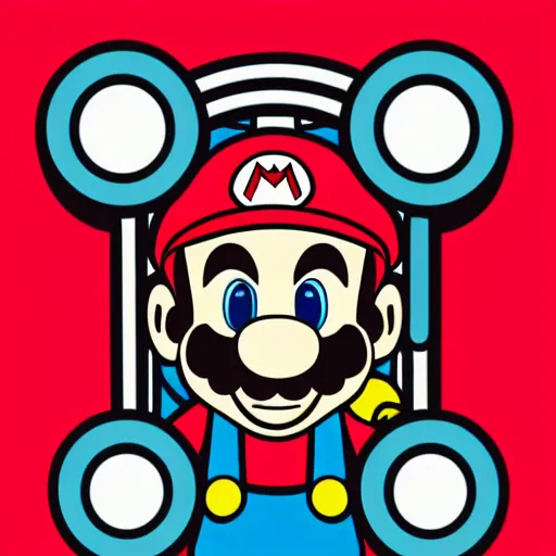 Image similar to svg sticker of a Pop-Wonder SuperMario, Mario-Wearing-a-red-hat, at a rave, spinning records, giant headphones rocking out, wearing headphones, huge speakers, dancing, rave, DJ, spinning records, digital art, amazing composition, rule-of-thirds, award-winning, trending on artstation, featured on deviantart