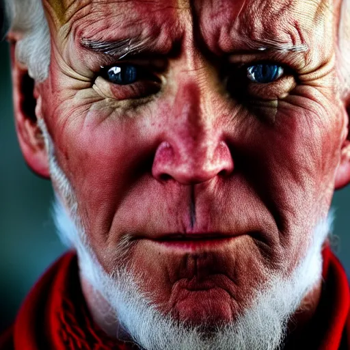 Image similar to portrait of president joe biden as afghan man, green eyes and red scarf looking intently, photograph by steve mccurry