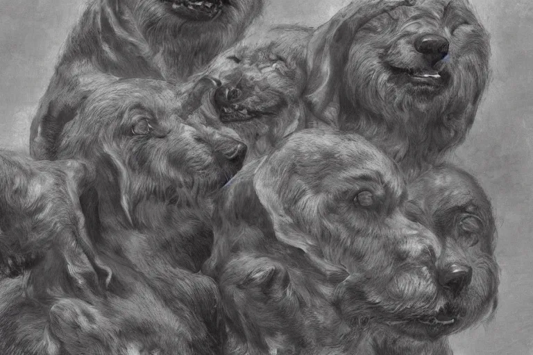 Image similar to hyperdetailed matte art of a three headed dog cerberus by william blake, ilya repin, amano, rene magritte, craig mullins, three headed dog cerberus, details