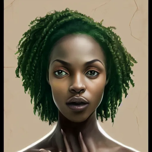 Image similar to a detailed matte oil on canvas head on symmetrical portrait of black skinned woman with long white and ( ( ( pale greenish ) ) ) hair, clothed by charlie bowater, lise deharme, wlop, trending on artstationhd, dungeons and dragons art critical role