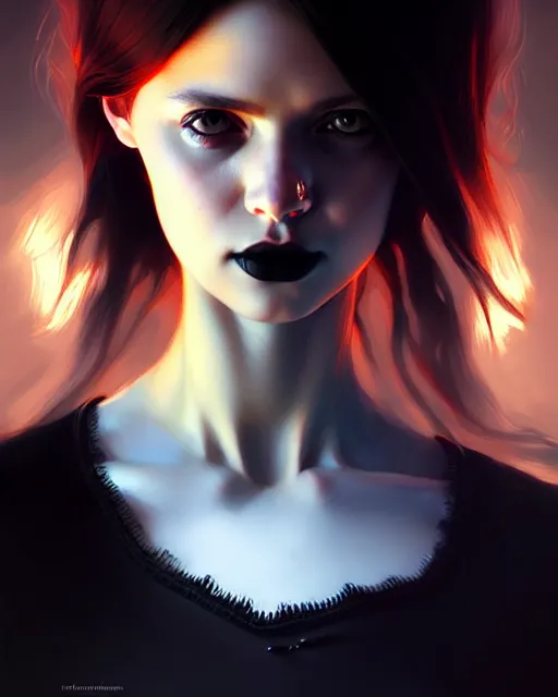 Image similar to hyper - realistic portrait of a gothic girl, dynamic wavy hair, dynamic body anatomy, detailed designs, digital painting, 4 k, by ilya kuvshinov, by greg rutkowski, atmospheric lighting