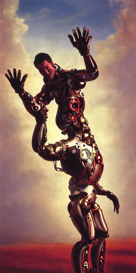 Prompt: wide lens photo of a human shaped showman dancing cyborg with two arms and two legs by james gurney, trending on artstation, film still