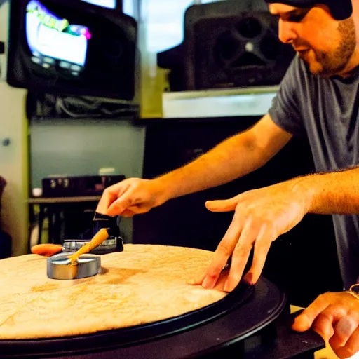 Prompt: a disc jockey is scratching with an Israeli pita bread on a turntable, wide shot