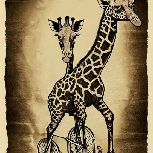 Prompt: giraffe pig hybrids riding bicycles, sepia toned illustration