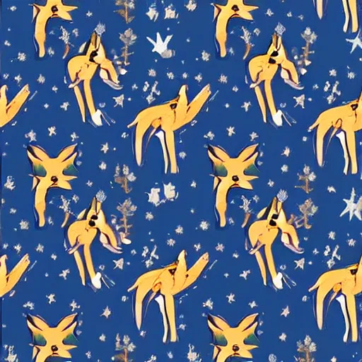 Prompt: A beautiful fabric pattern texture, of foxes playing in a forest at night, blue dark sky with stars, typographics art, by James Jean
