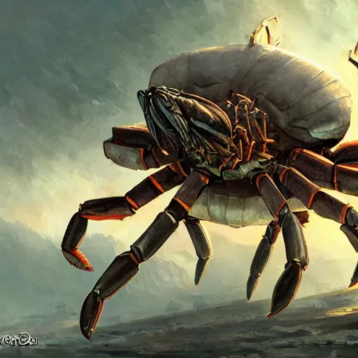 Prompt: giant mechanical crab crushing a goblin in its claws, fantasy art, epic, cinematic, dnd